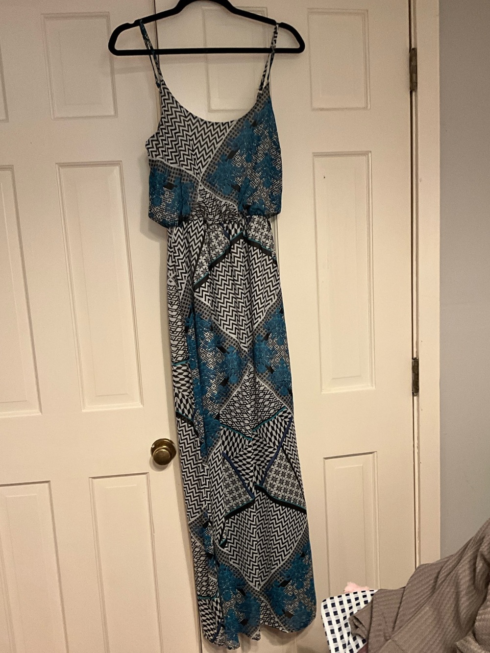 Belle Du Jour Blue and White Geometric Maxi Dress